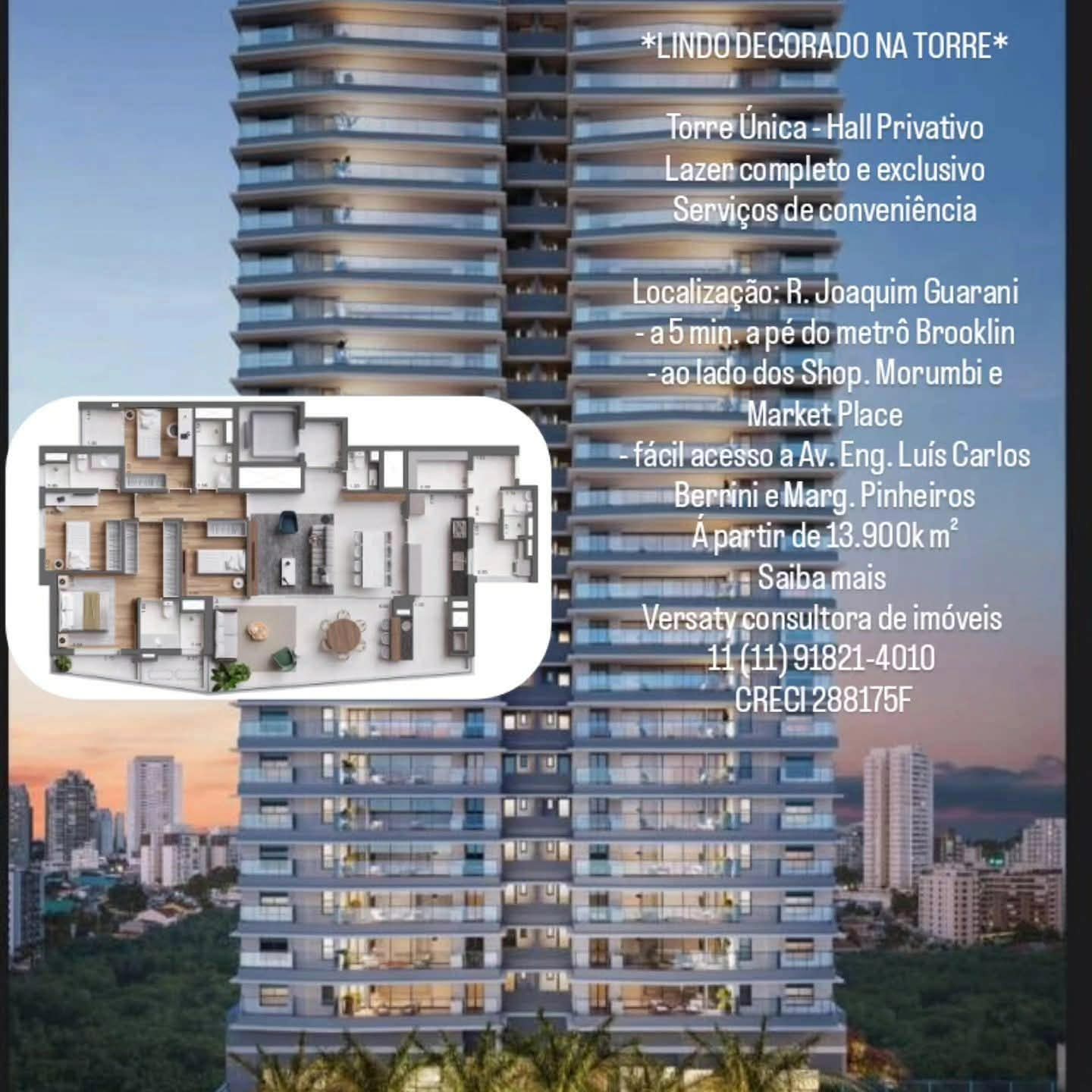 Fachada de edifício residencial moderno com varandas envidraçadas e sobreposição de planta baixa do apartamento.